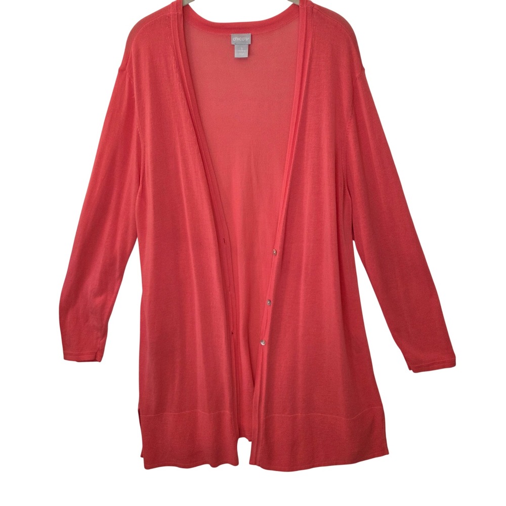 Chicos Womens Coral Pink Longline Cardigan Sweater Size 3 XL Ribbed Trim V-Neck